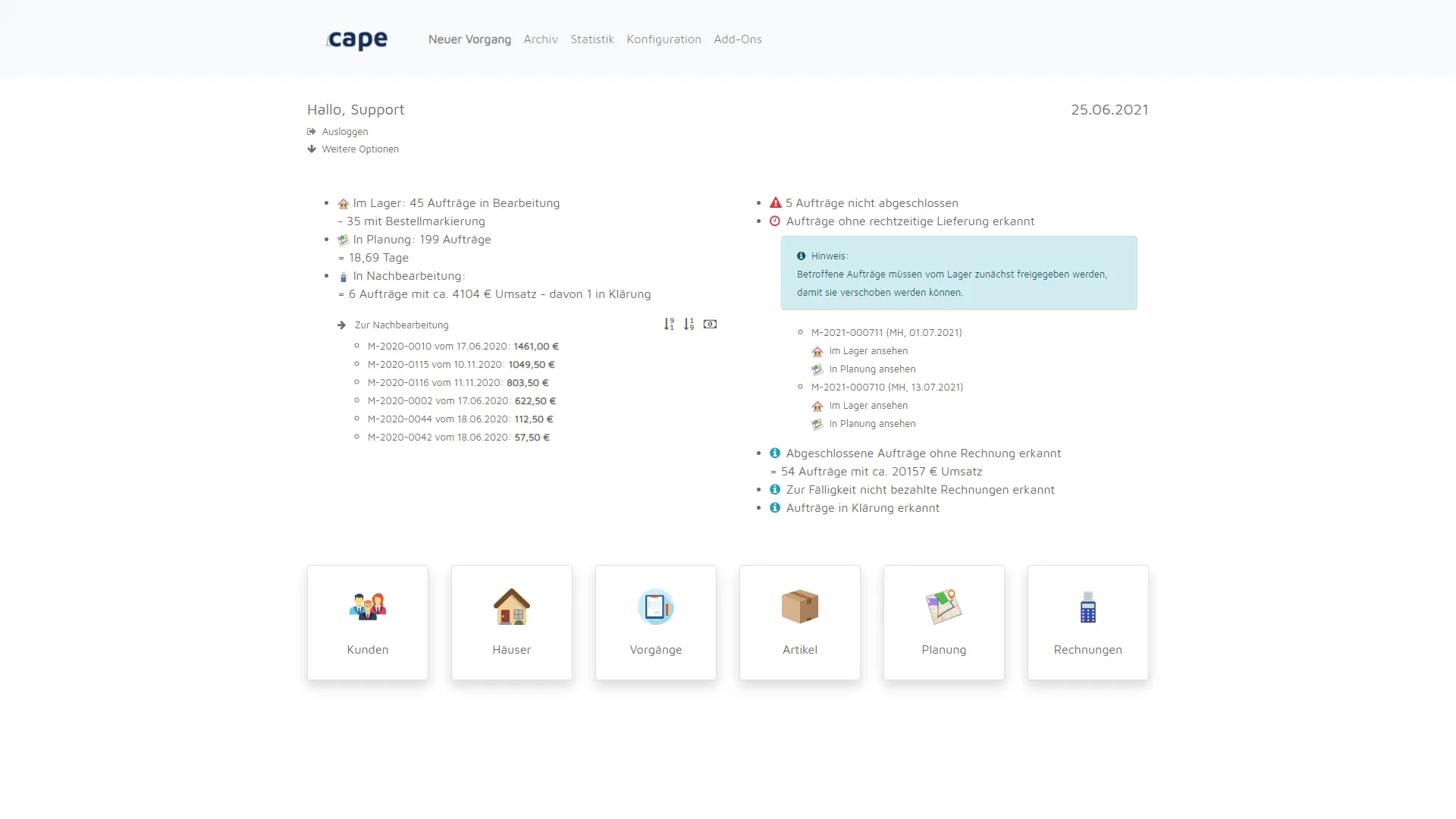 The dashboard is your central hub. Here you can see everything that has happened in your company and requires your attention.