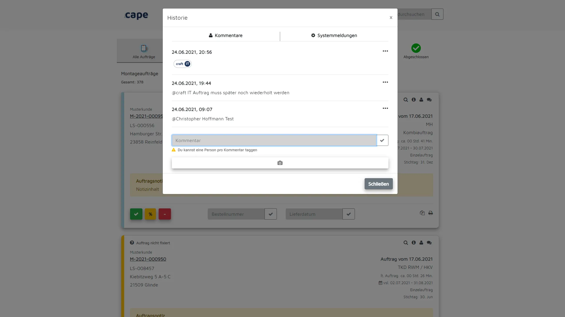 In the note and chat system, you can document your work with text and images. And you can view the previous, chronological progress of the order.
