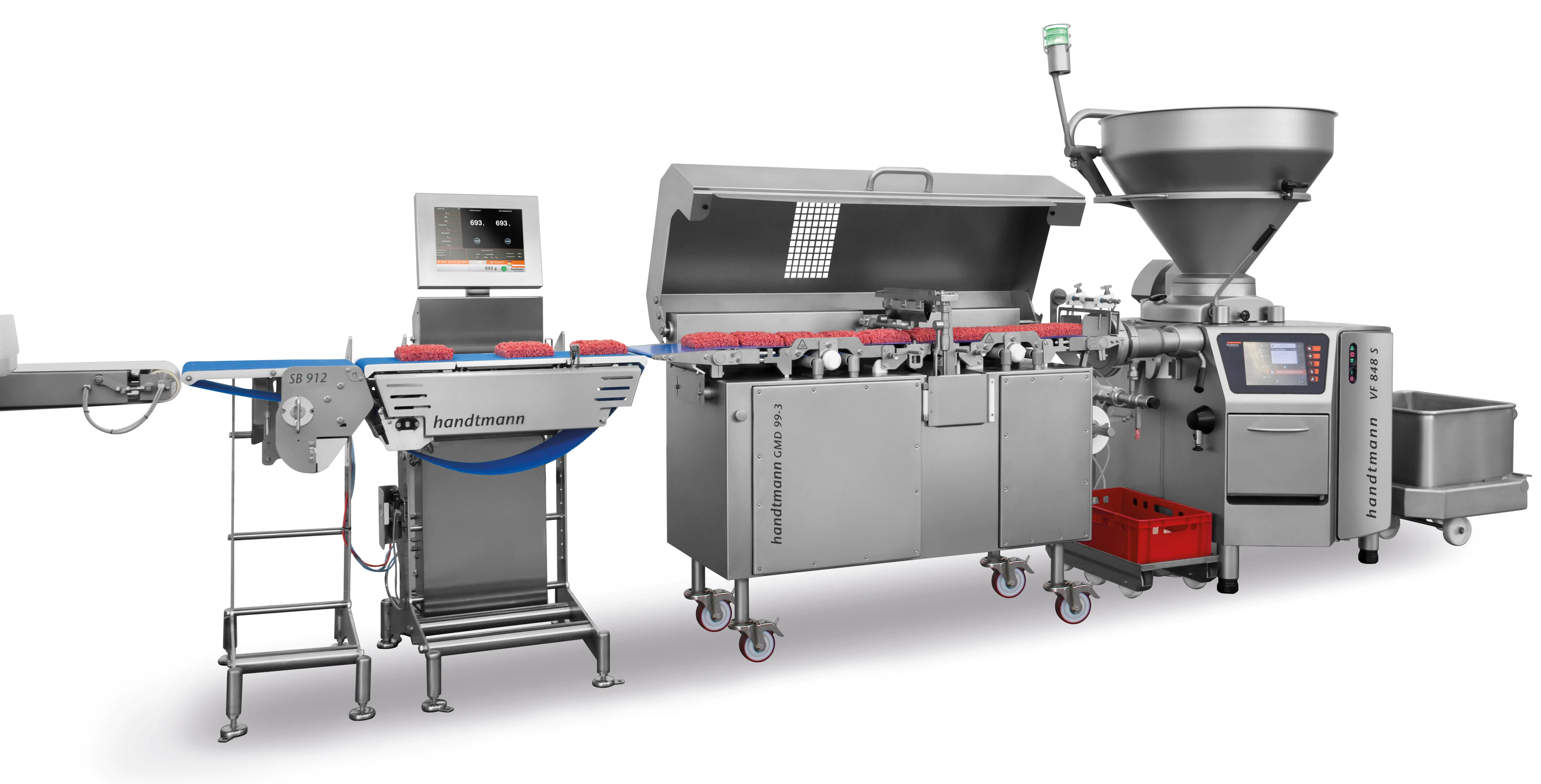 Complete solution for automatic insertion of vegan mince into plastic or cardboard trays and tubular bags with significant rationalization effects
