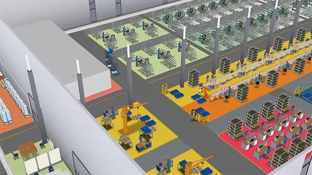 The demo video visualizes how an optimal factory and warehouse layout can be developed using the software visTABLE® (Plavis GmbH).