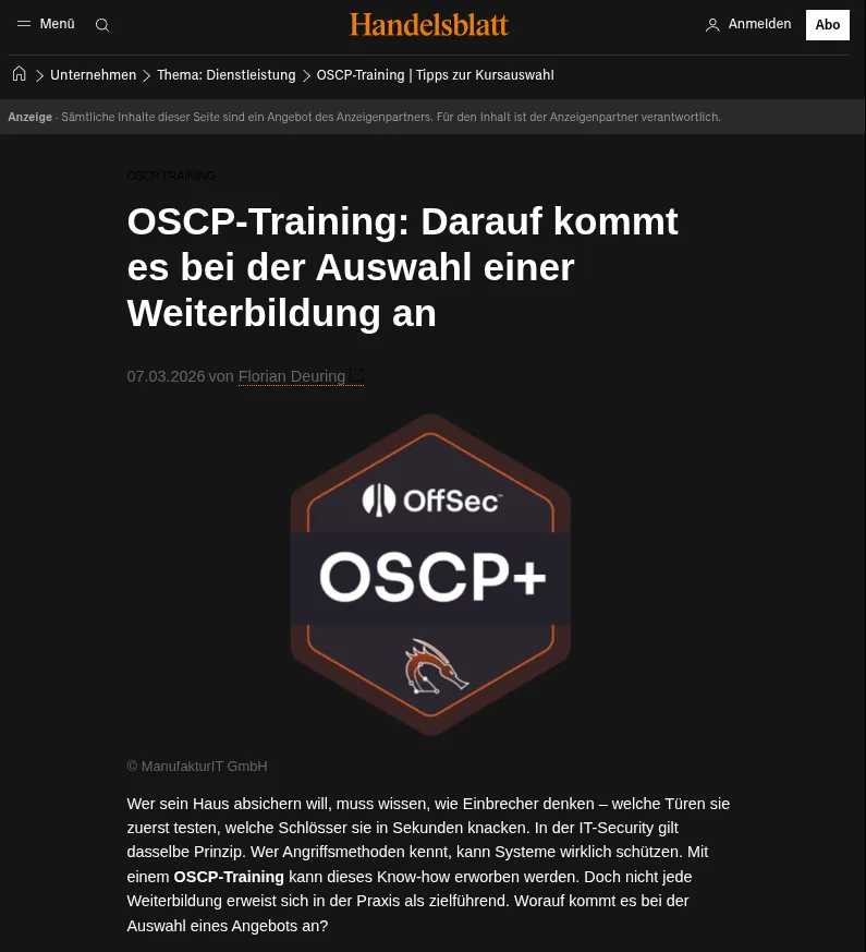OSCP is a globally recognized certification for practical penetration testing skills. Manufaktur IT Training combines a five-day intensive week with several months of webinar support.